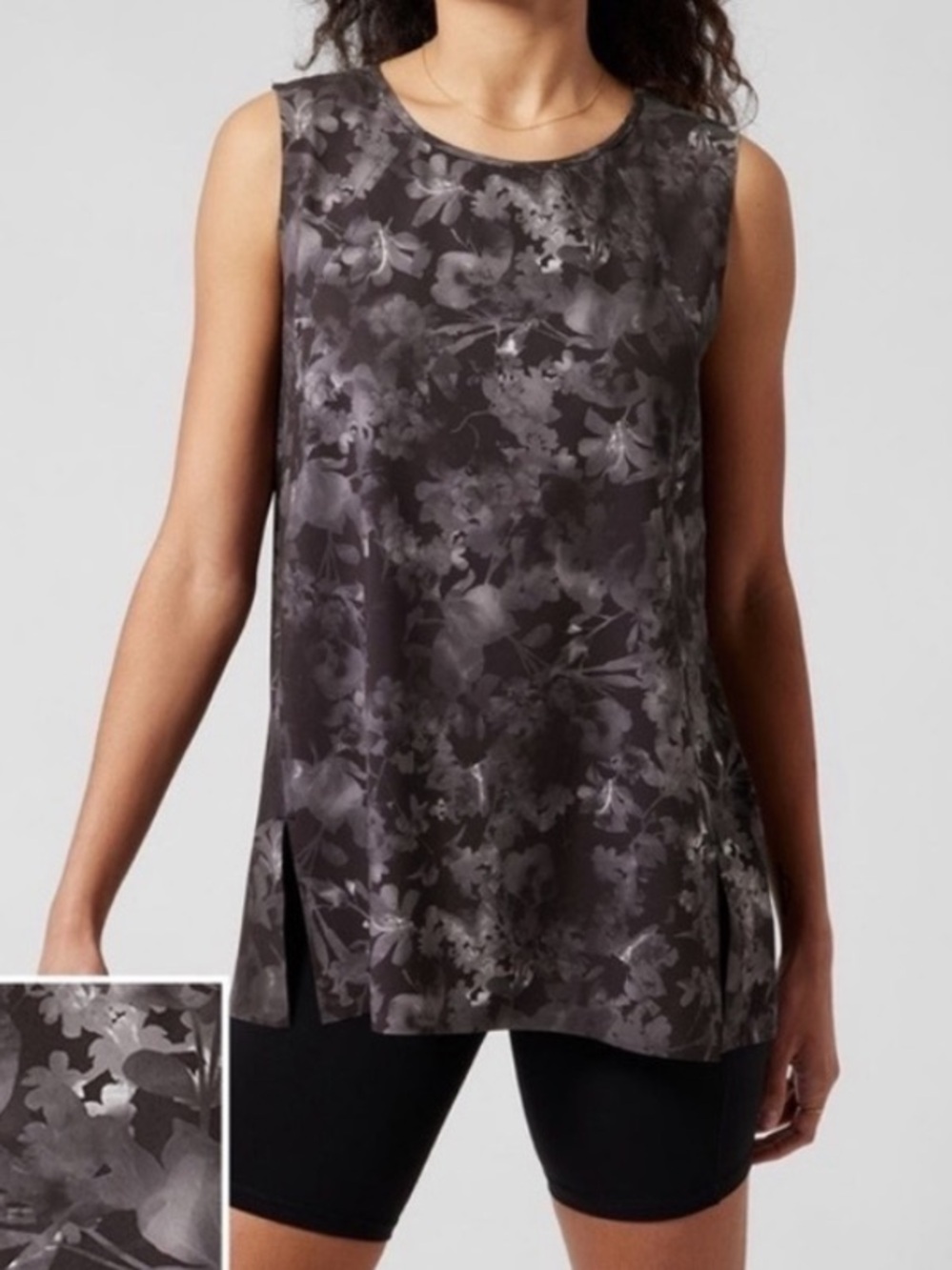 Athleta Refined Zephyr Tank Top Black & Gray Floral UPF Quick Dry Medium